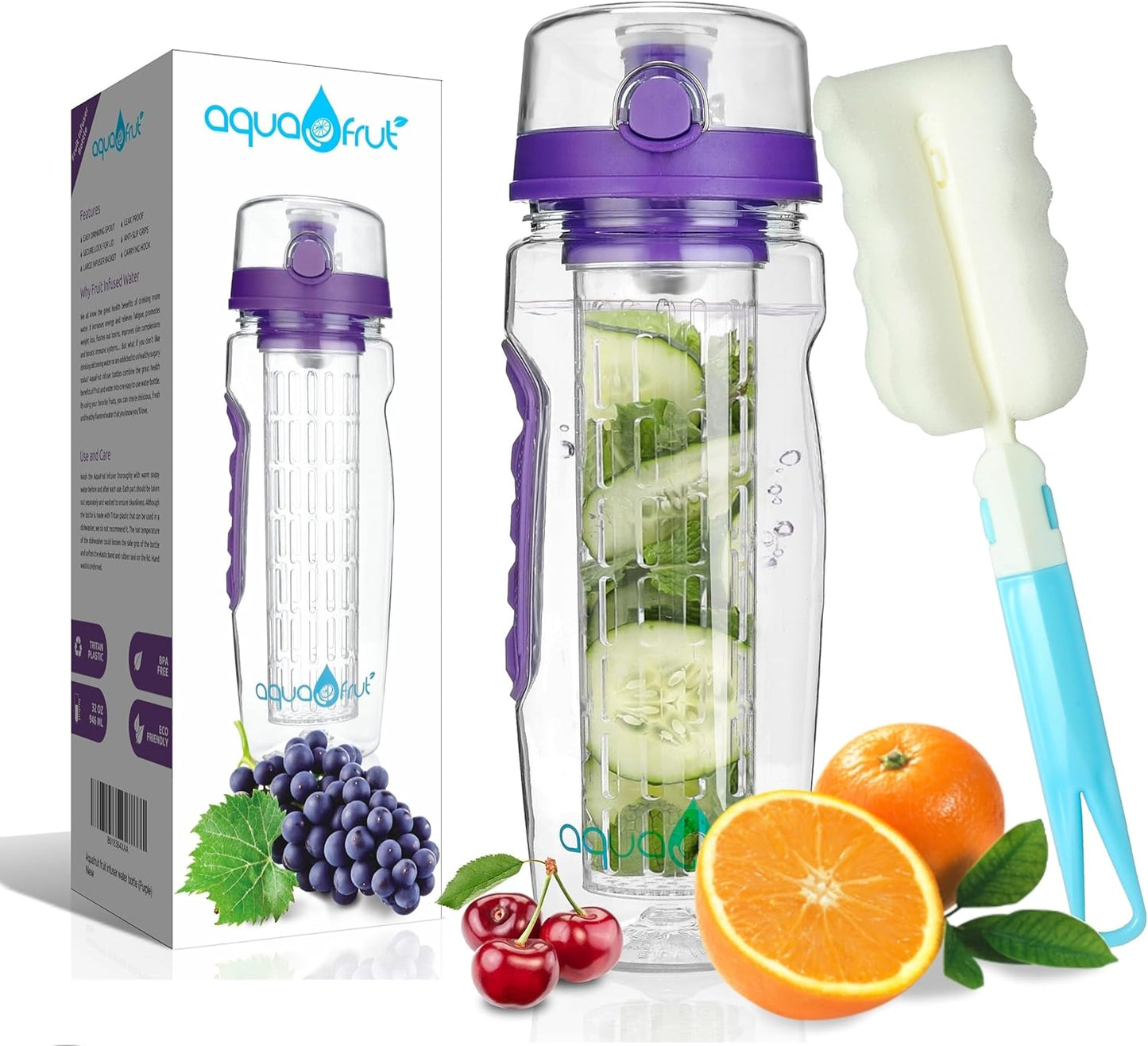 AquaFrut 32 OZ Fruit Infuser Water Bottle BPA-Free Fruit Infusion Sports Bottle - Flip Top Lid w Drinking Spout, Leak Proof, Made of Durable Tritan. Free Recipe eBook! (Purple)