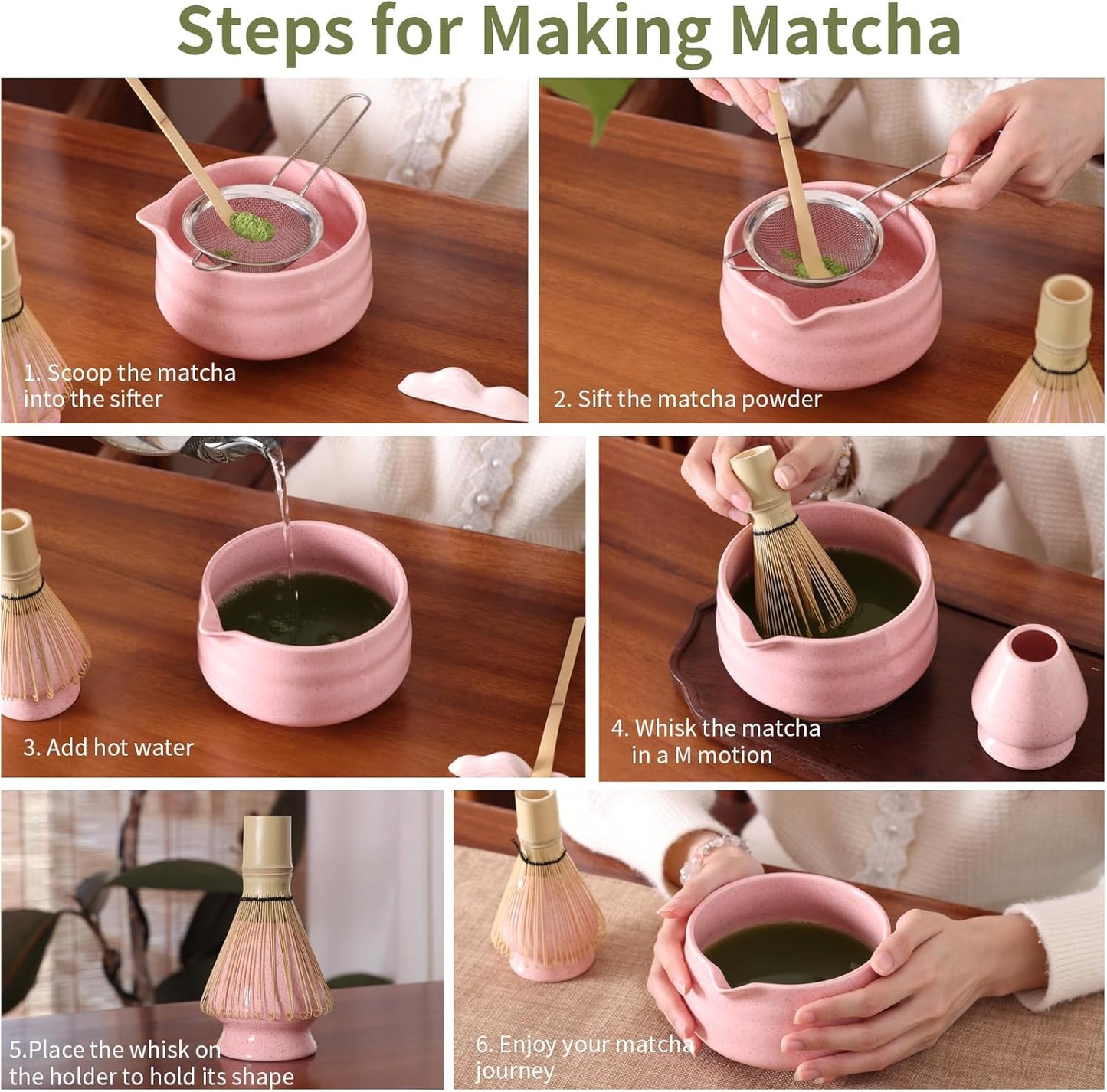Japanese Matcha Whisk Set - 7-Piece Kit Bamboo Chasen, Ceramic Bowl with Spout, Stainless Steel Sifter & Holder Pink