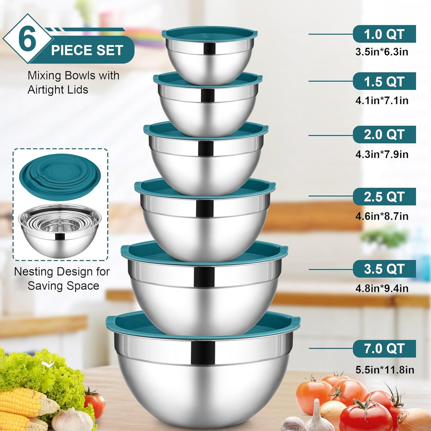 LIANYU 6 Piece Stainless Steel Mixing Bowls, Large Metal Bowls with Airtight Lids Set, 7 & 3.5 & 2.5 QT 2 & 1.5 & 1QT, Kitchen Nesting Bowls for Cooking Prepping Food Storage, Dishwasher Safe, Blue