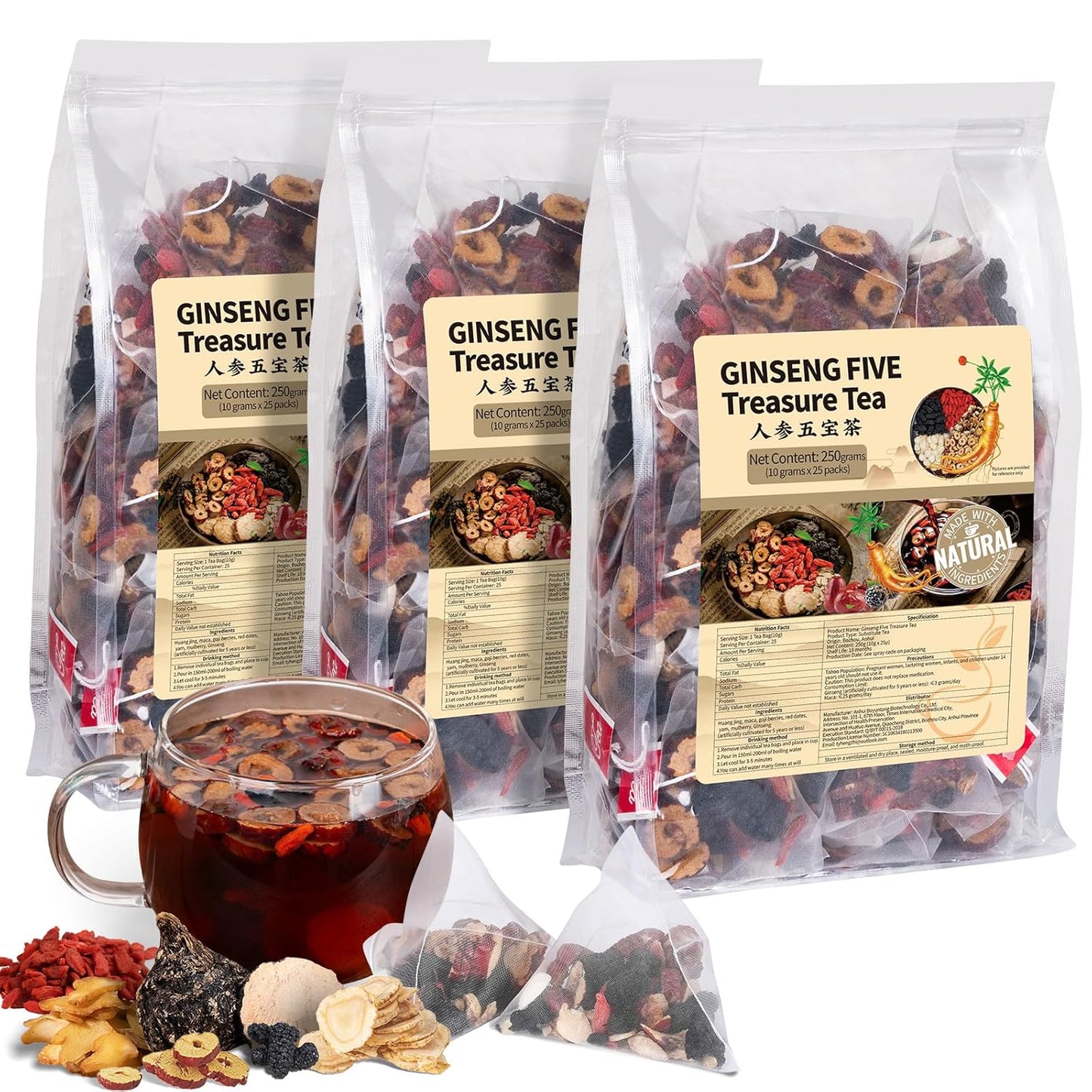 Ginseng Five Treasures Tea, Traditional Chinese Herbal Tea, Natural Organic Kidney Cleanse Detox Tea for Women & Men, 7 Precious Ingredients Formula(3 Pack/75 Bags)