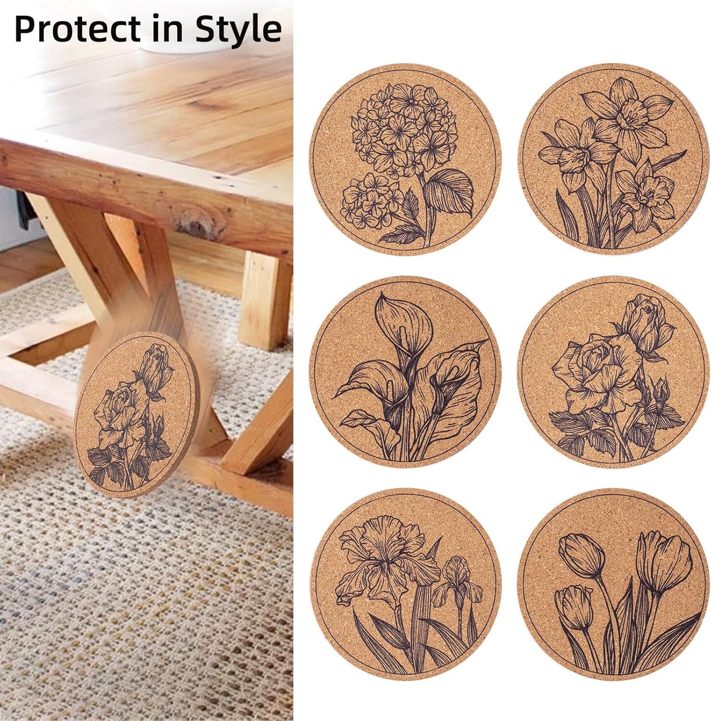 Coasters for Drinks 12 pcs Absorbent Cork Coasters with Flower Coaster for Coffee Table Housewarming Gifts for New Home Present for Friends, Living Room Decor, Apartment Decor