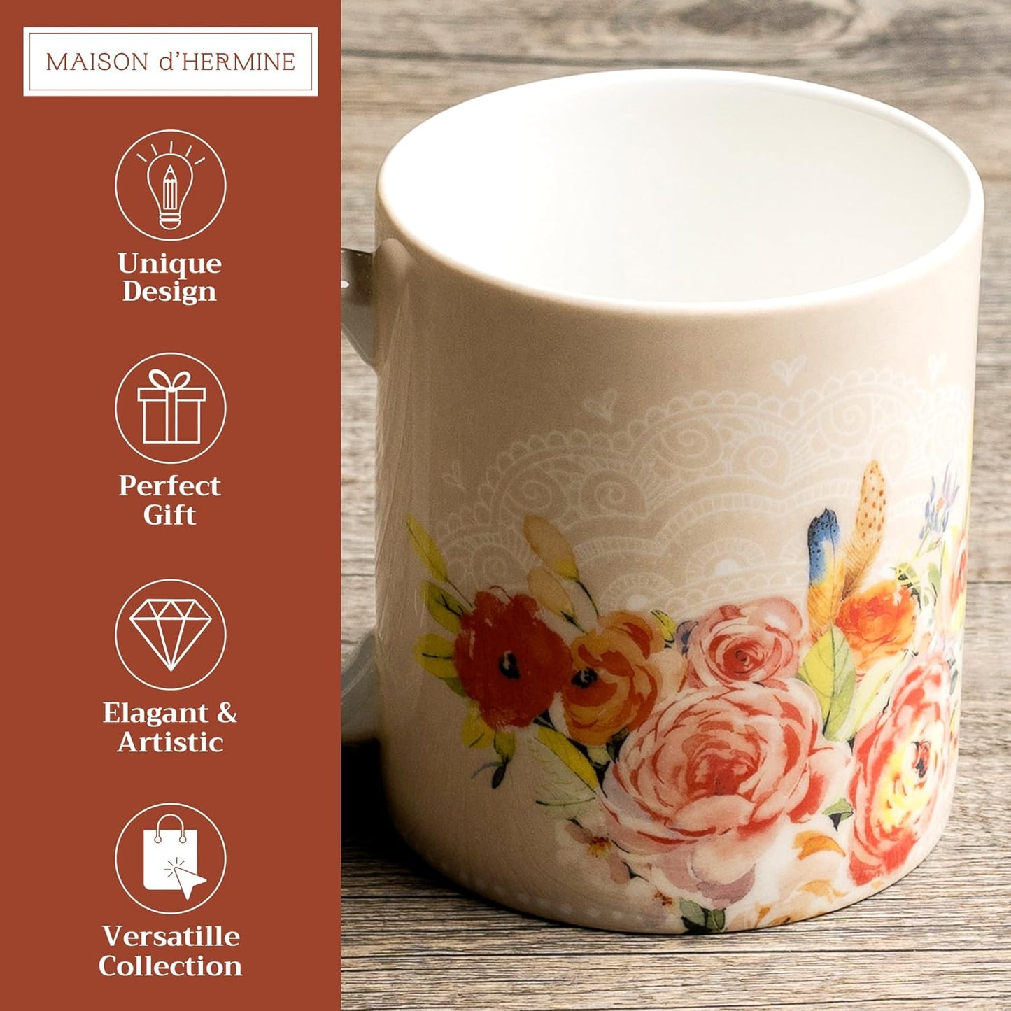 Maison d' Hermine Coffee Mug with Handles Fine Bone China Mugs Pack of One Tea Cups for Hot Beverages Cappuccino Latte Home Restaurant Office Perfect for Gift (Ibiza - Beige - Rose, 15 Ounce)