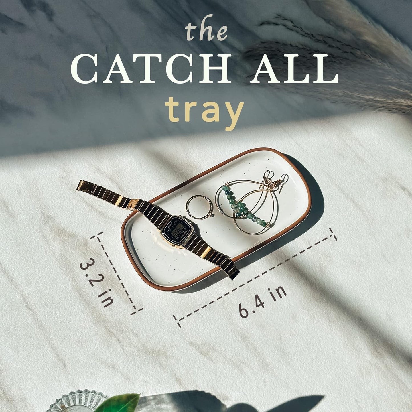 Mora Mini Ceramic Decorative Tray, 6.4 x 3.2 Inch Palm Sized Rectangle Dish for Jewelry, Perfume, Makeup, Accessories, Candle, Cute Organizer for Bathroom Vanity, Bedside, or Kitchen Counter, White