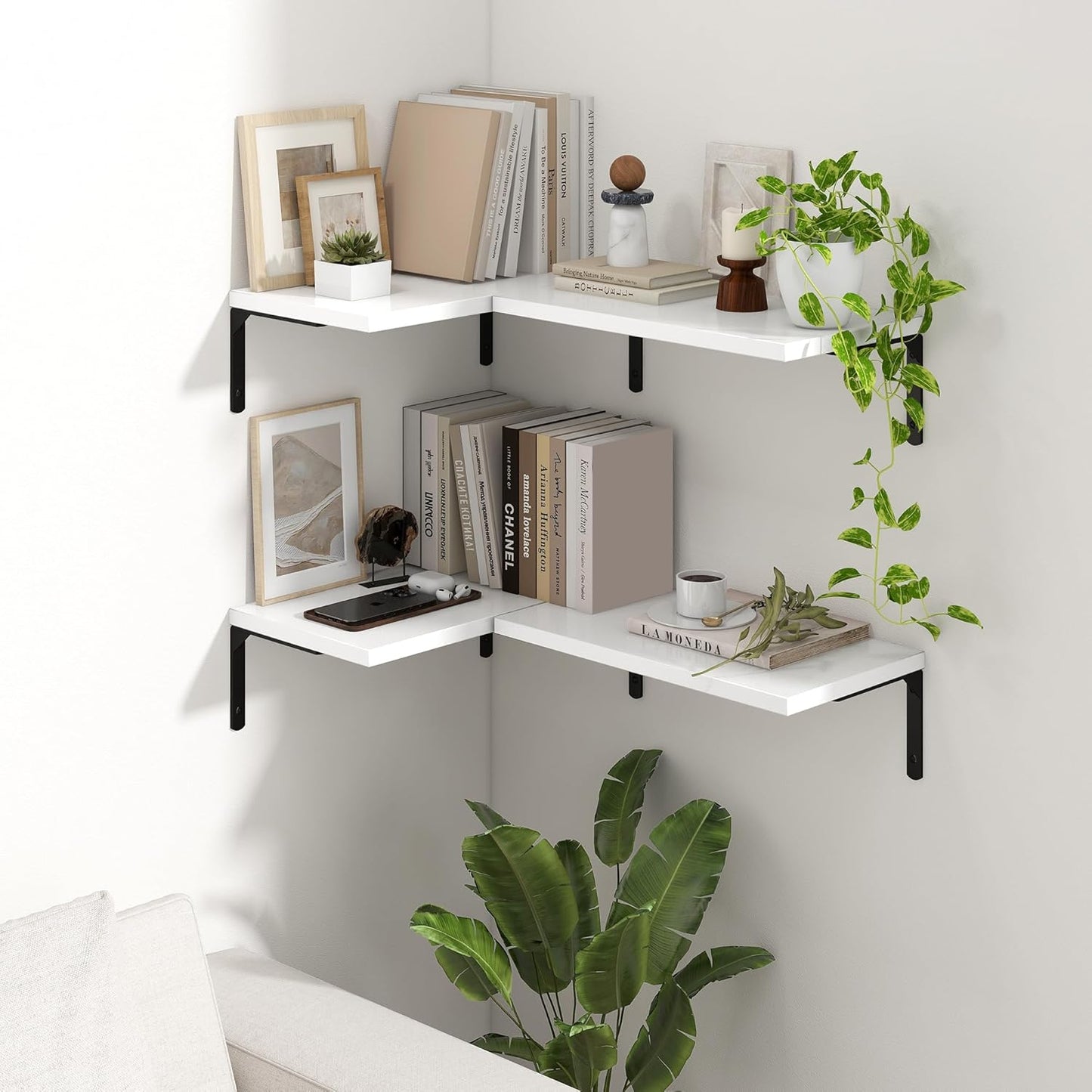 Fun Memories Deep Floating Shelves, 16W x 8D Floating Shelves Set of 2, Wall Mounted Shelf with Metal Brackets, Rustic Wood Wall Shelf for Bathroom, Kitchen and Living Room, White