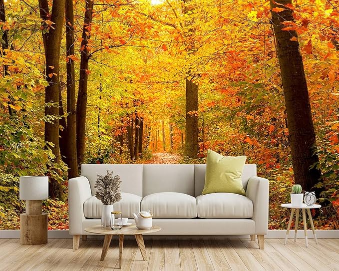 -Autumn Gold Forest Jungle Tree Fabric Wallpaper Living Room Bedroom Bathroom - Image 2