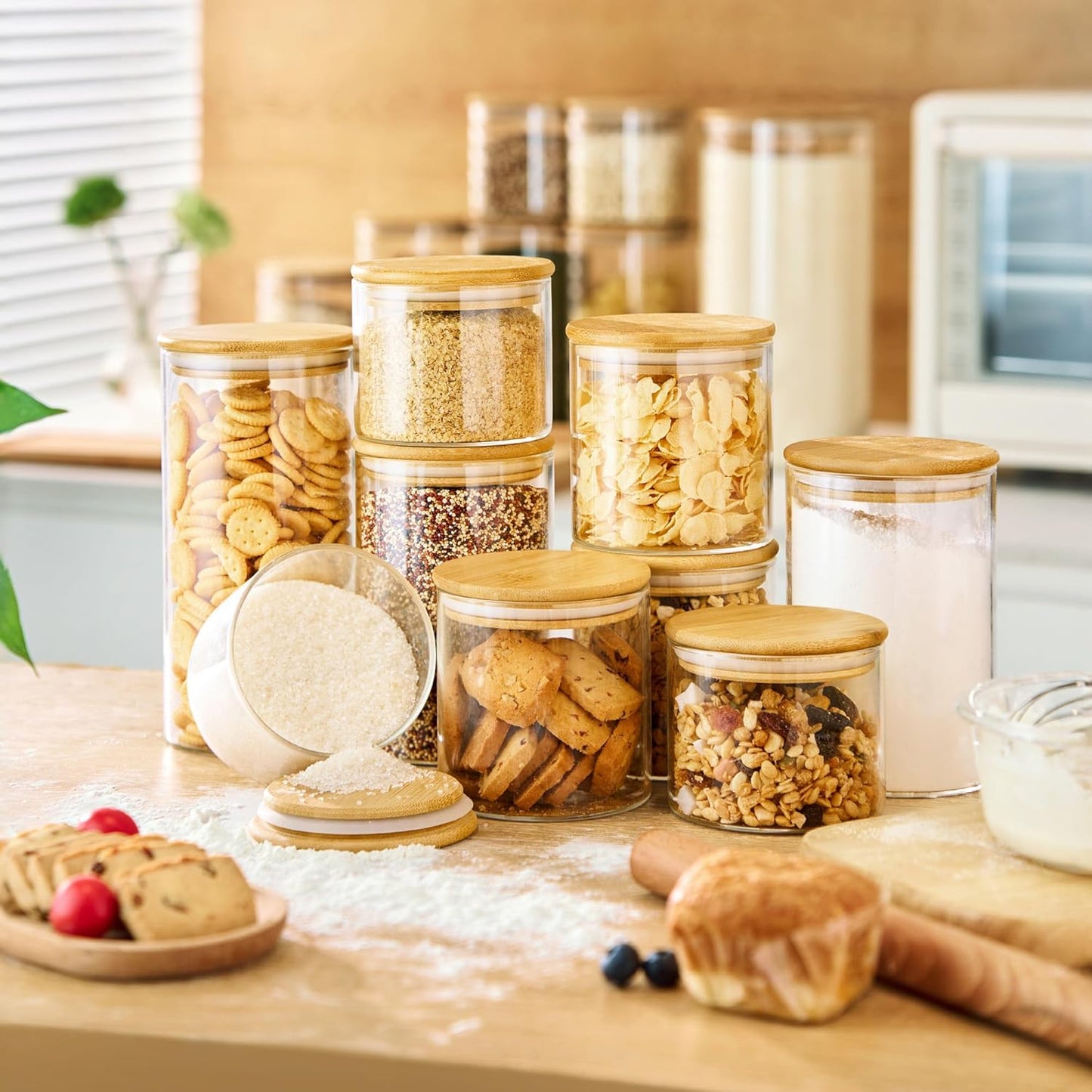 32oz - 4 Pack Glass Jars with Bamboo Lids, Glass Pantry Storage Containers with Airtight Lids, Round Air Tigh Food Storage Canisters for Cereal, Pasta, Flour, Sugar, Rice, Best for Kitchen Organizer