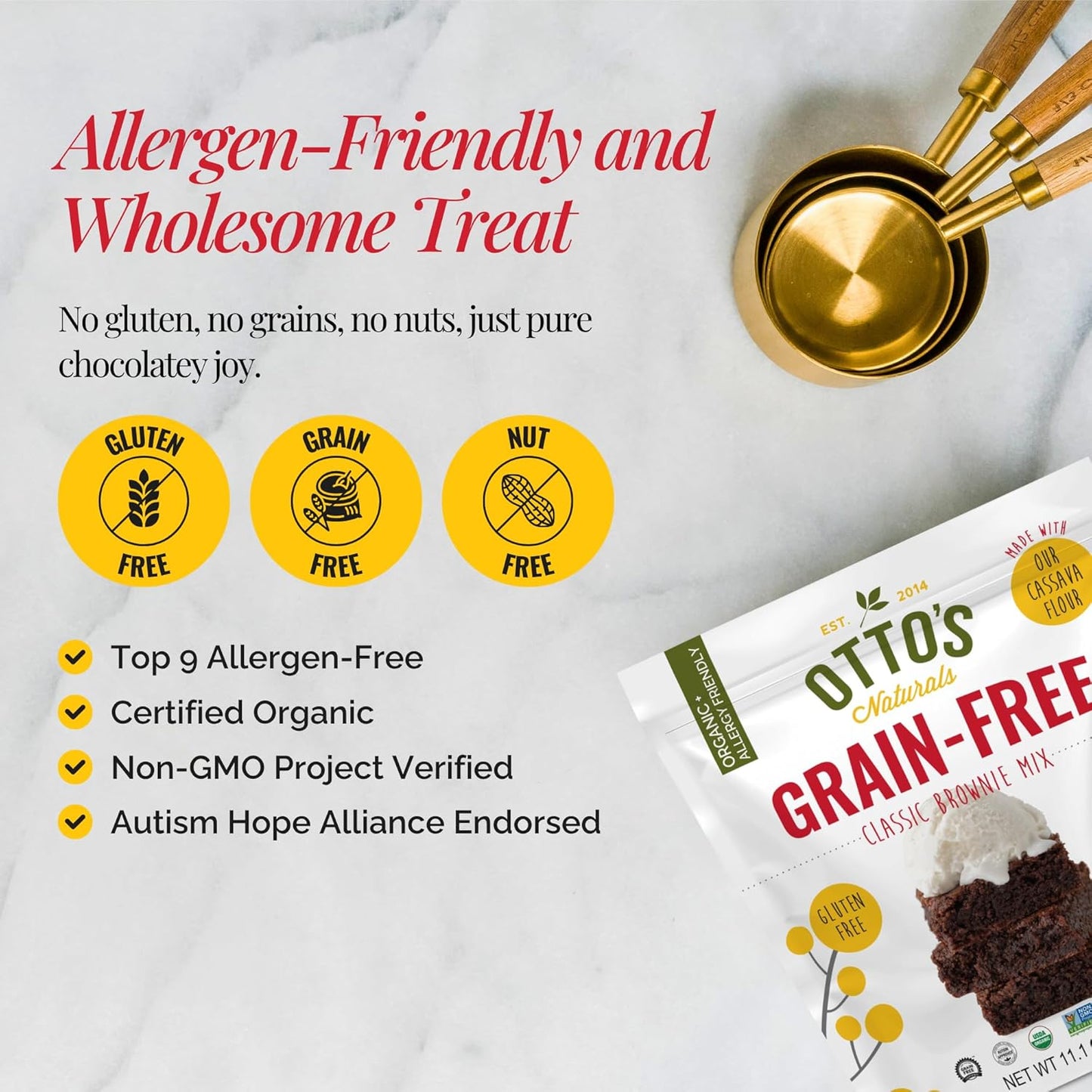 Otto's Naturals Grain-Free Classic Brownie Mix, 11.1 Oz., 6 Pack, Top 9 Allergen-Free, Versatile for Baked Treats, Made with Organic Cassava Flour, Gluten Free, Non-GMO, Vegan, Plant-Based