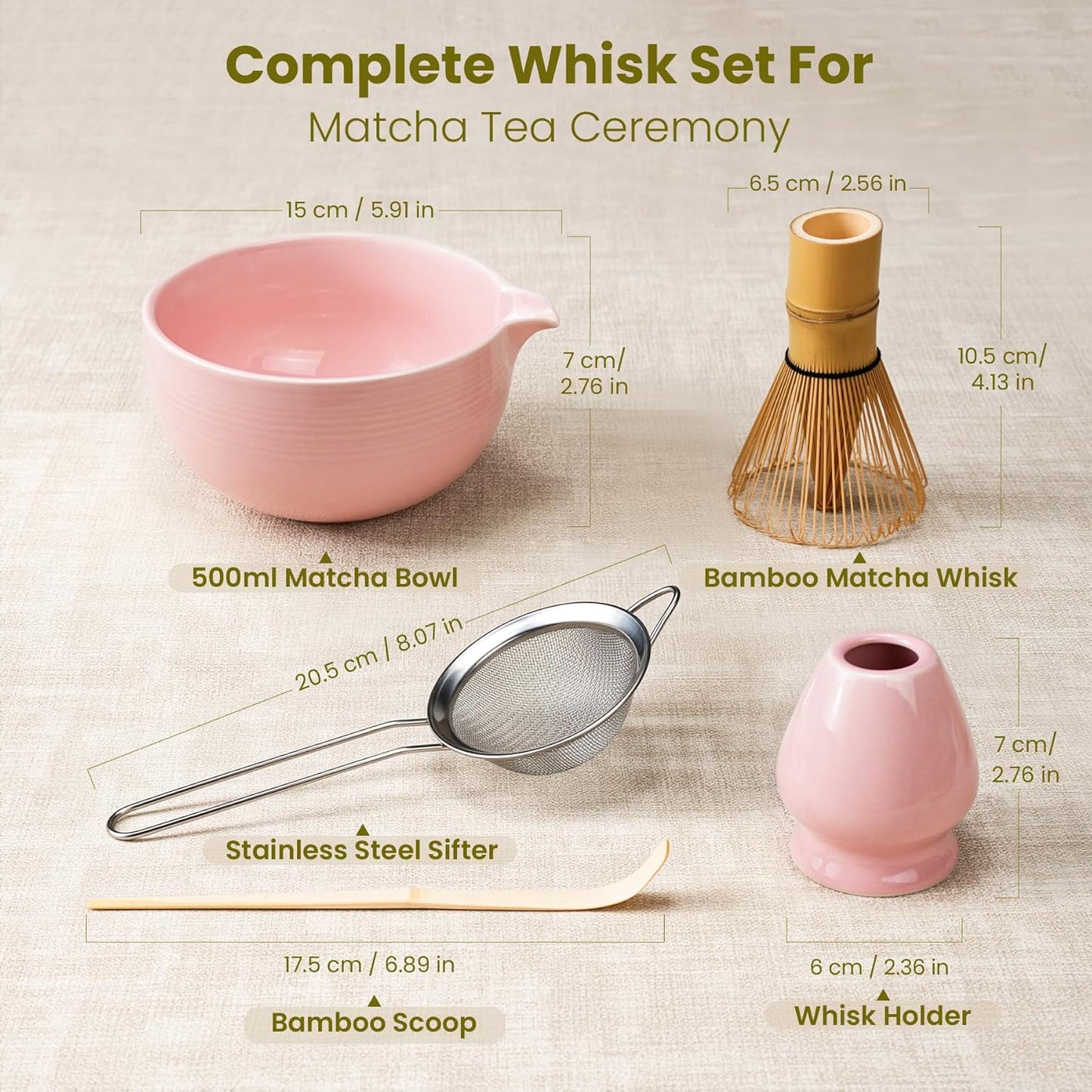Matcha Whisk Set, Handcrafted Bamboo Chasen & Ceramic Bowl Matcha Kit, Complete 5 Pcs Matcha Set Whisk and Bowl W/Stainless Steel Sifter, Bamboo Scoop & Holder for Matcha Tea Ceremony (Sakura Pink)