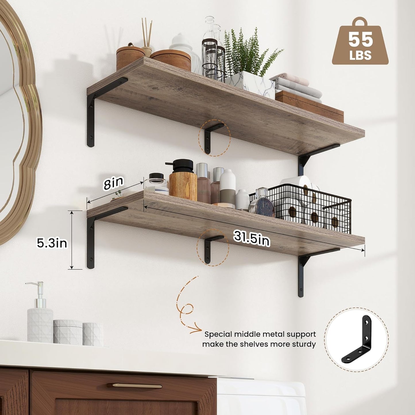 Fun Memories Deep Floating Shelves, 32W x 8D Floating Shelves Set of 2, Wall Mounted Shelf with Metal Brackets, Rustic Wood Wall Shelf for Bathroom, Kitchen and Living Room, Grey
