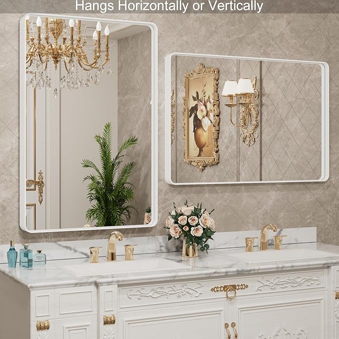 LOAAO 40x36 Inch White Metal Framed Bathroom Mirror - Image 3