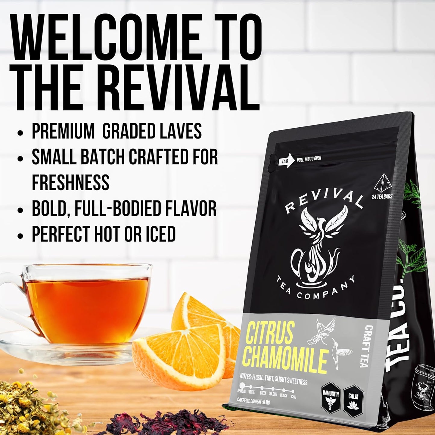 Revival Tea Company Citrus Chamomile Tea - Herbal Tea Blend of Chamomile Flowers and Orange Peel - Caffeine Free - Loose Leaf 3 Ounces