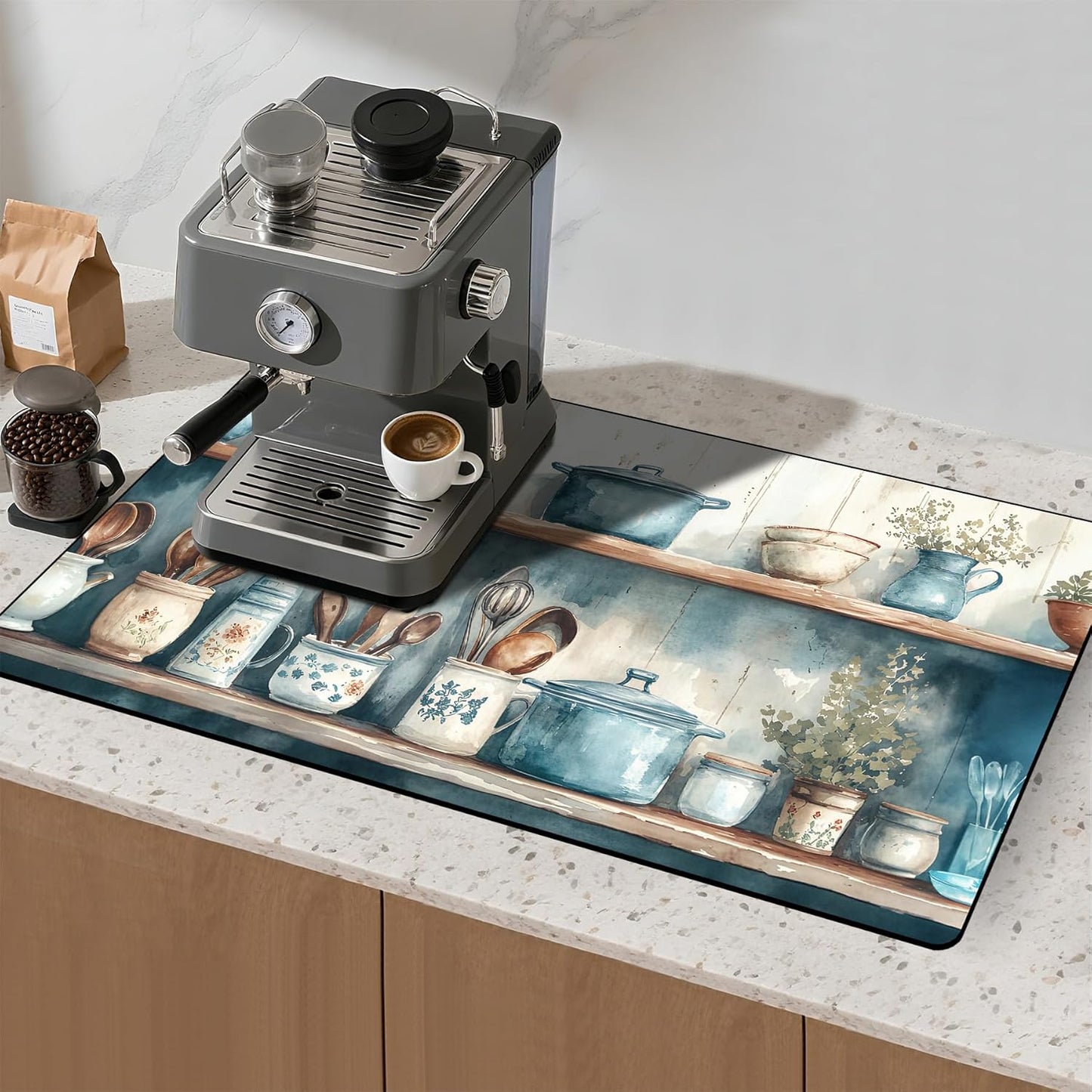 17"x 32" Coffee Bar Mat, Kitchen Shelves Absorbent Dish Drying Mat Cuttable Hide Stain Draining Table Pad for Kitchen Counter, Coffee Bar Accessories