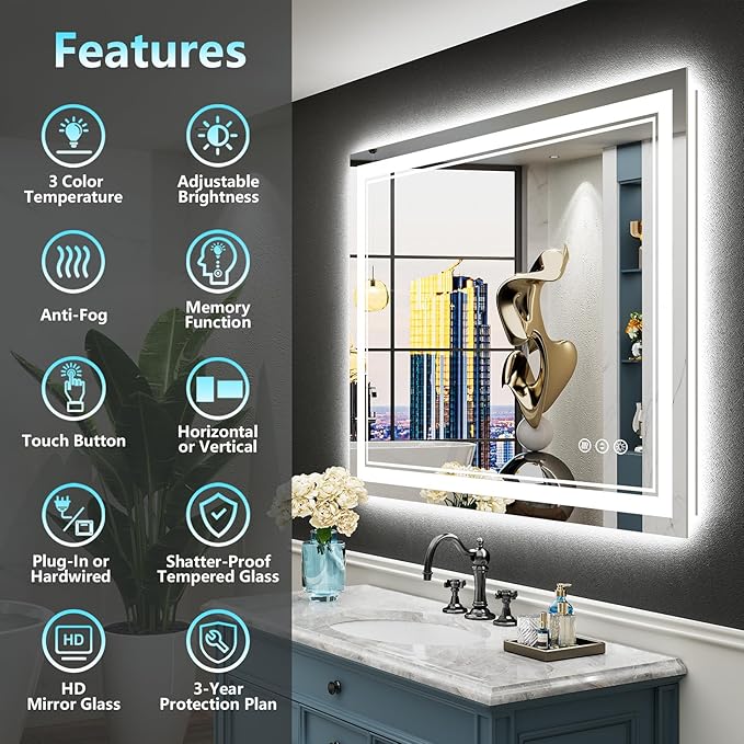 40x32 LED Bathroom Mirror with Lights, Backlit and Front Lit Anti-Fog Lighted - Image 2