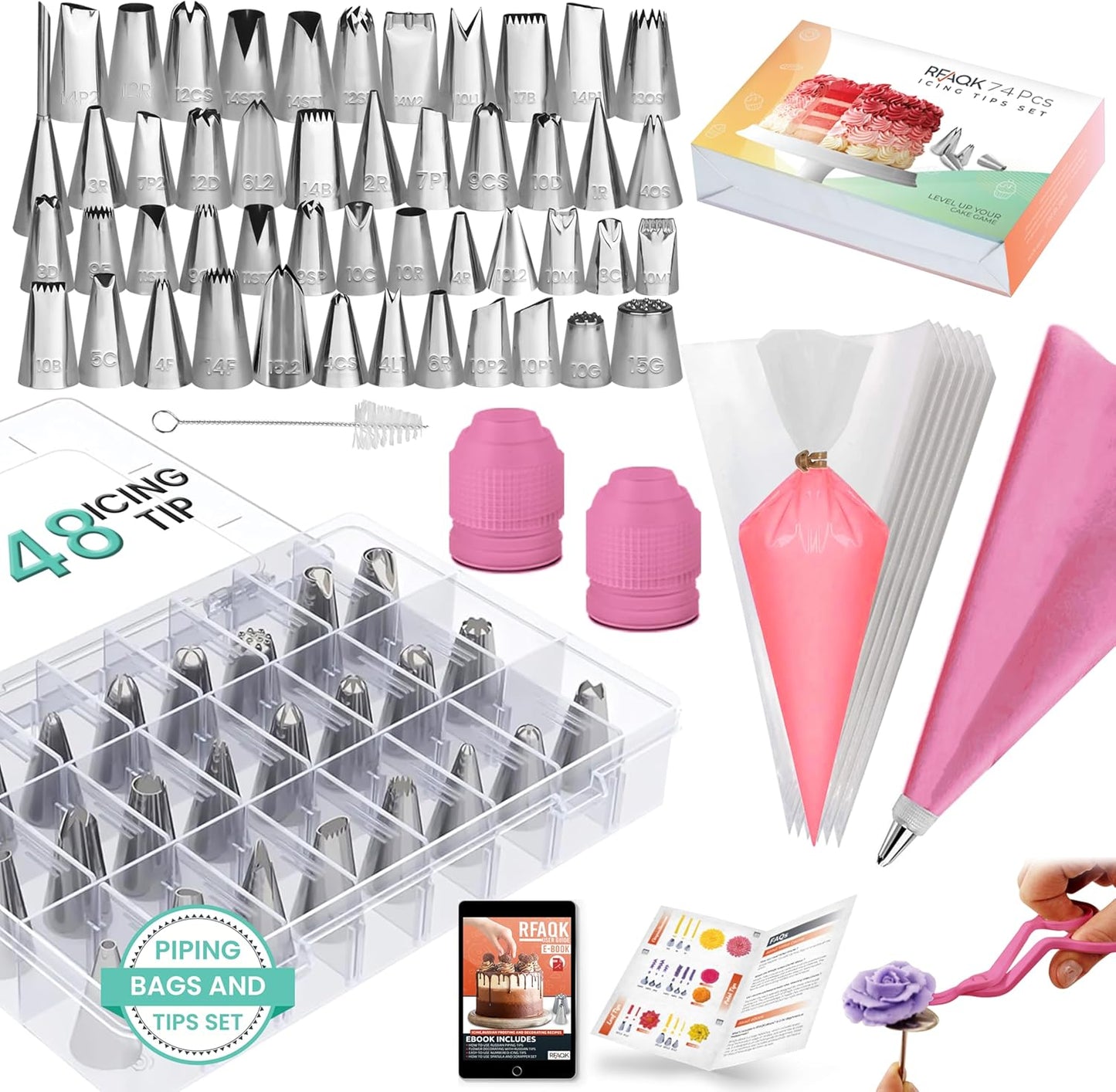 RFAQK 74 PCs Icing Piping Bags and Tips Set, Cake Decorating Kit with 48-Numbered Piping Tips, 20+1 Pastry Bags for Cookie Cupcake Cake Decoration, Cake Decorating Tips Set with Booklet and E-book