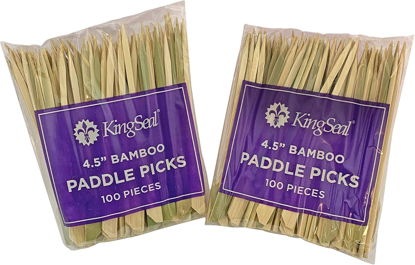 200 Count | KingSeal Natural Green Bamboo Wood Paddle Picks, Skewers for Appetizers and Cocktails, 4.5 Inches - 2 Packs of 100