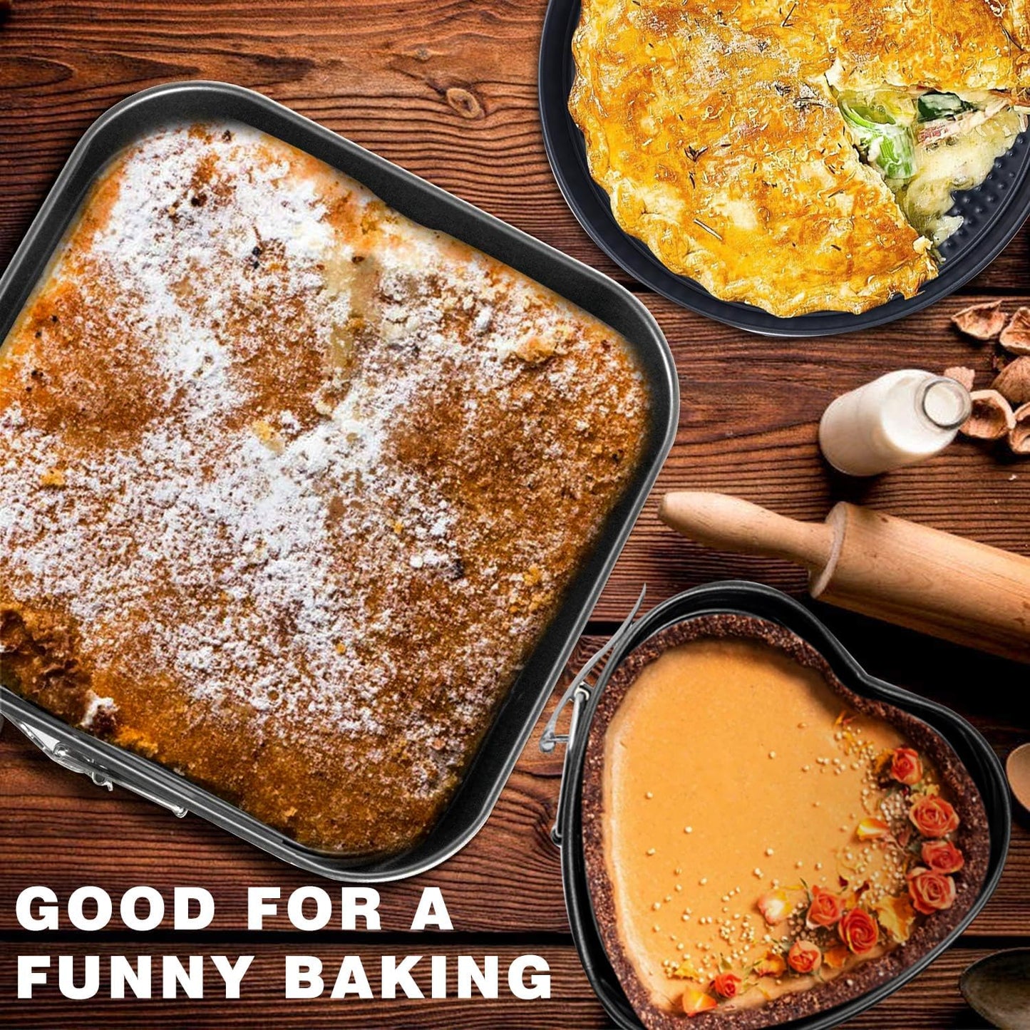 Springform Cake Pan Set of 3 (7, 8, 9 Inch) Heart Round Square Baking Pans Nonstick Cheesecake Pans with Removable Bottom Stainless Steel Bakeware for Cake, Mousse