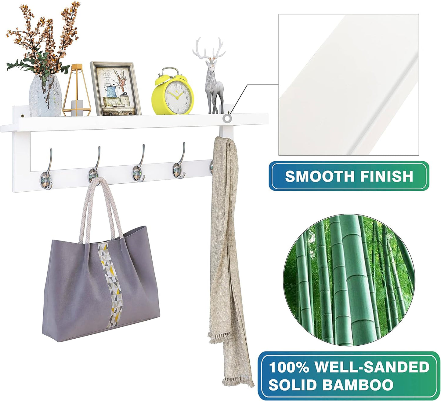 SMIBUY Coat Hooks with Shelf Wall-Mounted, 29.2 Inch Entryway Coat Rack for Wall, Bamboo Hanging Shelf with 5 Double Metal Hooks for Bathroom, Bedroom, Kitchen, Living Room, Mudroom (White)