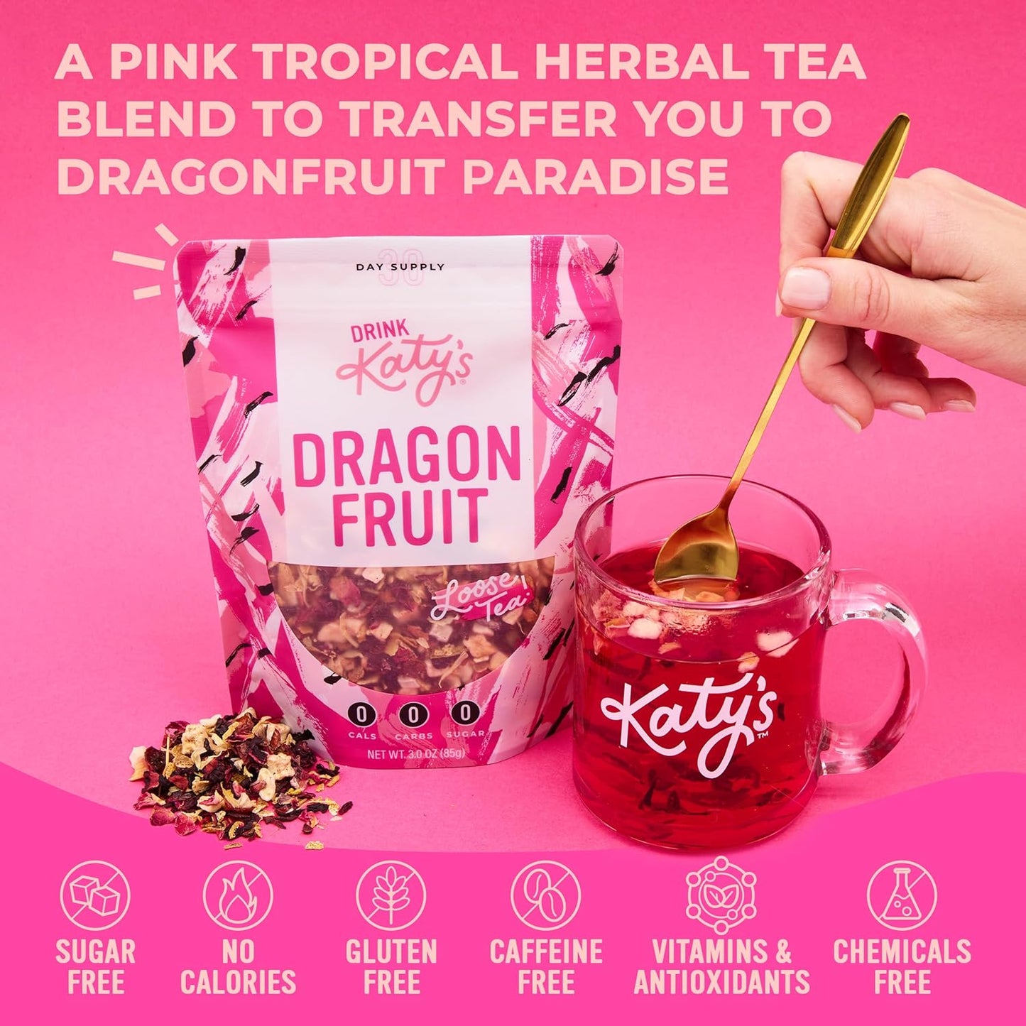 Katy’s Dragonfruit Loose Leaf Tea | Hydrating & Fruity Herbal Tea | Hibiscus, Dragonfruit & Pineapple | Caffeine-Free Fruit Tea | 30+ Cups | Hot or Iced | Antioxidant-Rich | Woman-Owned | 3oz Pouch