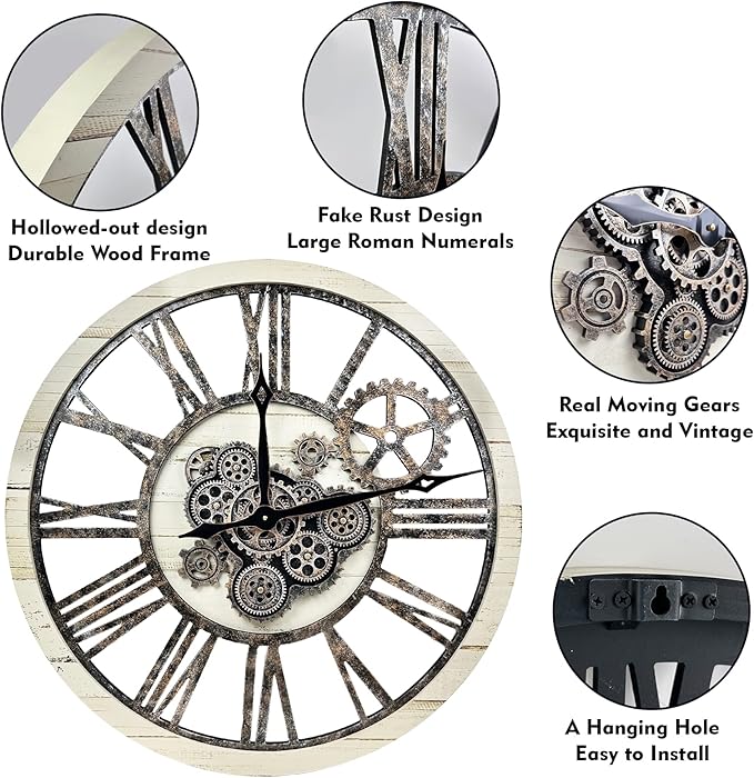 The B-Style Large Real Moving Gears Wall Clock 30 inch Rustic Retro Industrial - Image 4