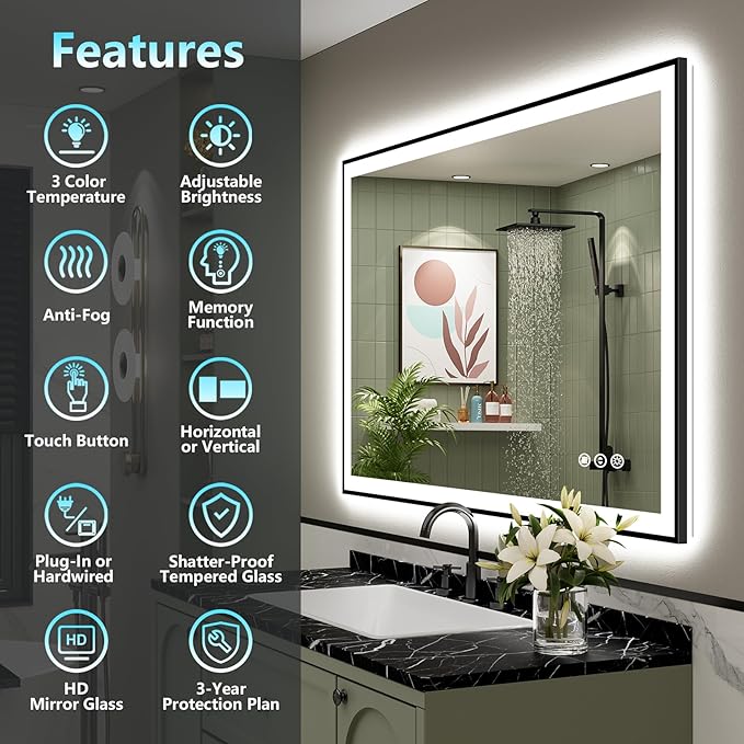44x32 Black Framed LED Bathroom Mirror - Image 2