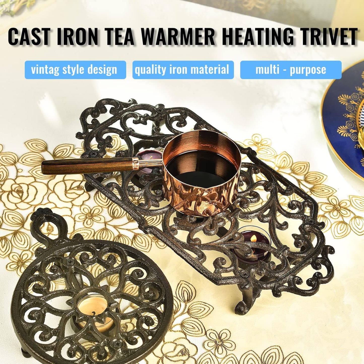 Sungmor Heavy Duty Cast Iron Teapot Dish Warmer Stable Holder for Tealight Stand | Tealight Warmer Decorative Stove for Villa Yard Balcony-Flower Shape