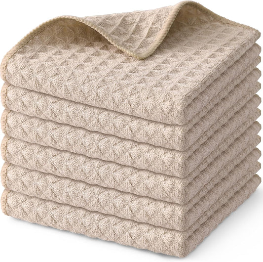 Homaxy Microfiber Waffle Weave Kitchen Dish Cloths, 12 x 12 Inch Ultra Absorbent and Solid Color Dish Towels for Kitchen Fast Drying Dishcloth for Washing Dishes, 6 Pack, Beige