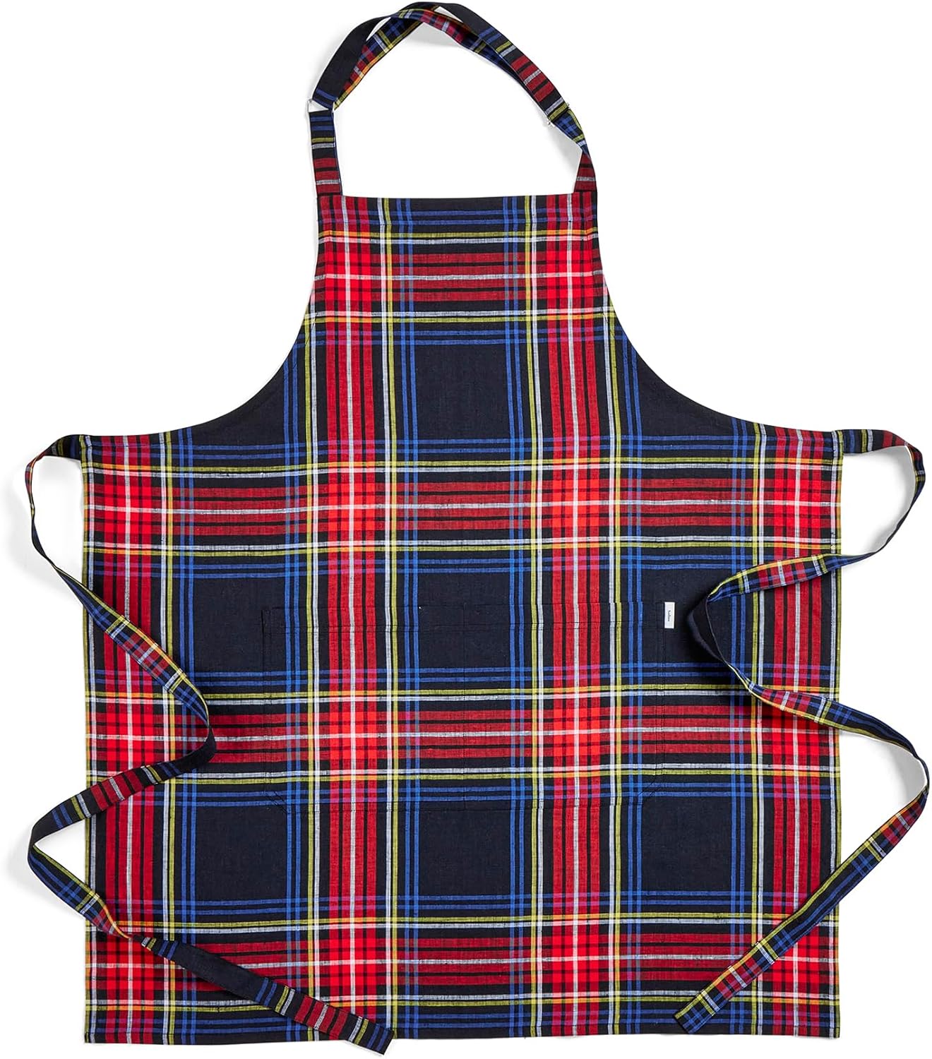 Solino Home Linen Bib Apron for Men & Women - Black Plaid Kitchen Apron with Front Pockets - Handcrafted from European Flax