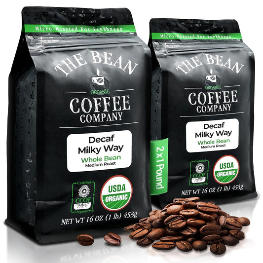 The Bean Organic Coffee Company Water Processed DECAF Milky Way, Medium Roast, Whole Bean Coffee, 16-Ounce Bags (Pack of 2)