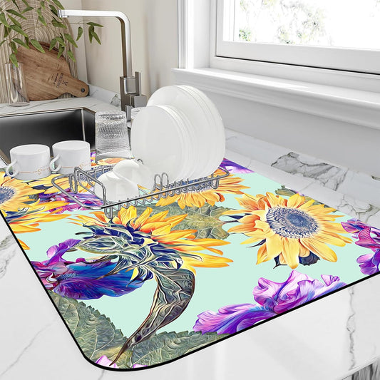 Dish Drying Mat Watercolor Sunflowers Irisflowers Floral Kitchen Mat 12"x19" Bsorbent Coffee Maker Mat for Dishes,Utensils Coffee Maker Pots and Pans Easy Clean Dish Slip Resistant Pad