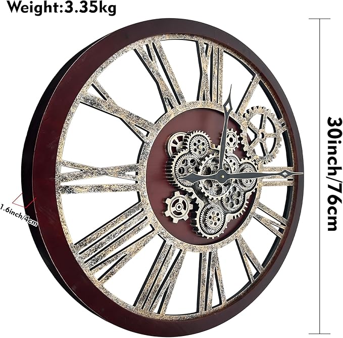 The B-Style Large Real Moving Gears Wall Clock 30 inch Rustic Retro Industrial - Image 4