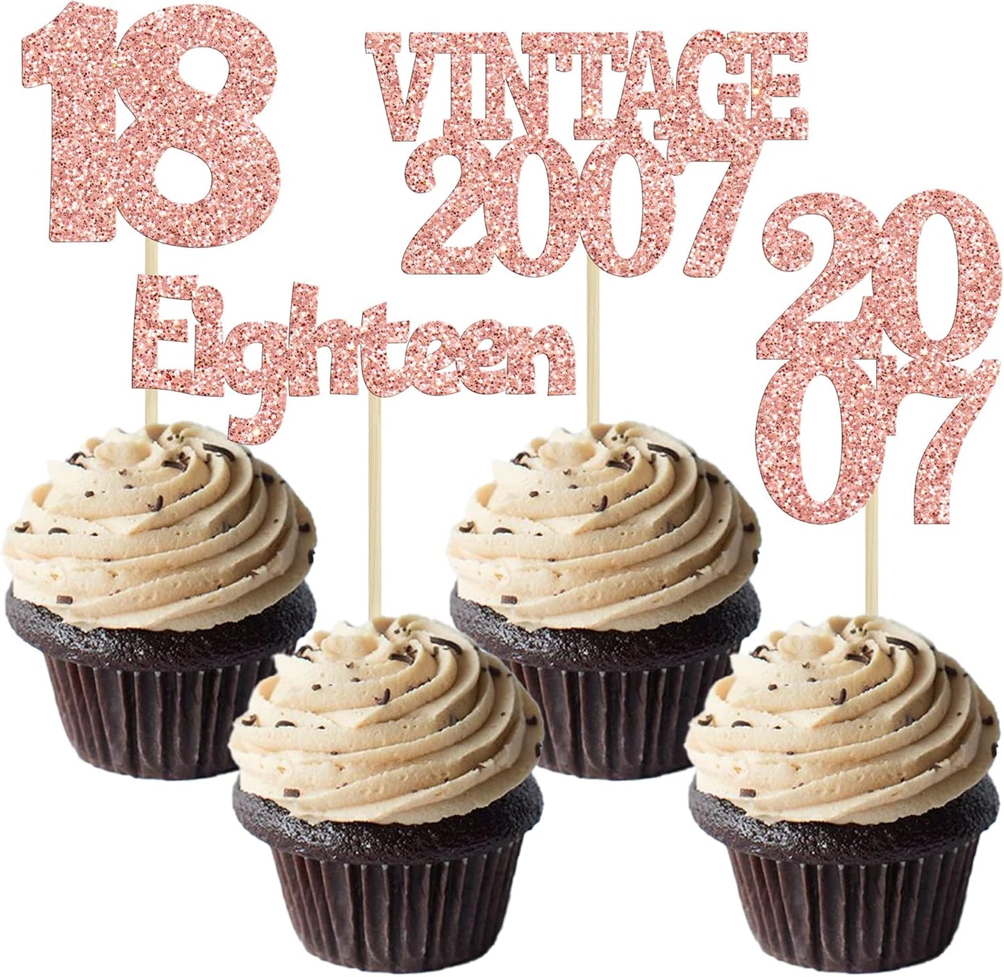 Gyufise 24Pcs 18th Birthday Cupcake Toppers Glitter Eighteen Vintage 2007 Hello 18 Years Birthday Cupcake Picks Adultish 18 Cake Decoration for Happy 18th Birthday Anniversary Party Supplies Rose Gold