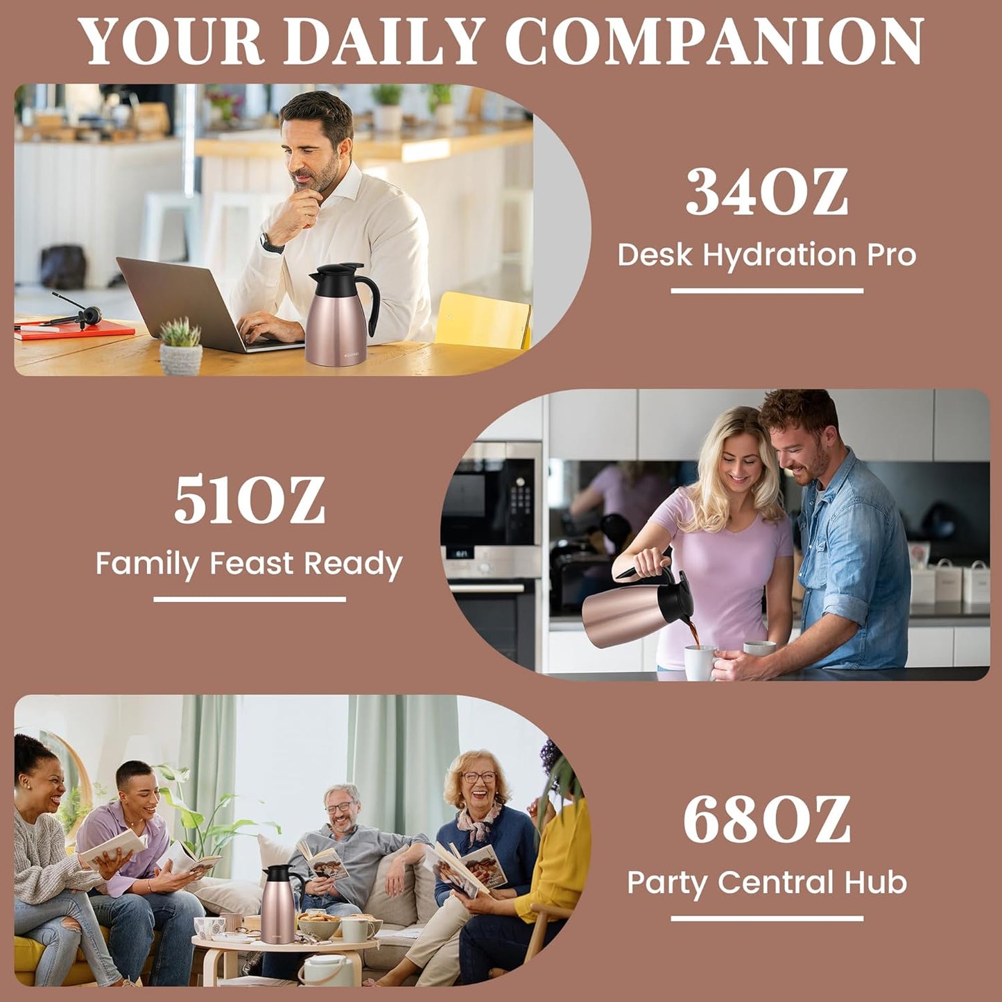 34 Oz Thermal Coffee Carafe, Stainless Steel Insulated Vacuum coffee crafts to keep coffee hot, 1 Liter Tea Water Coffee and Beverage Dispenser (Copper)