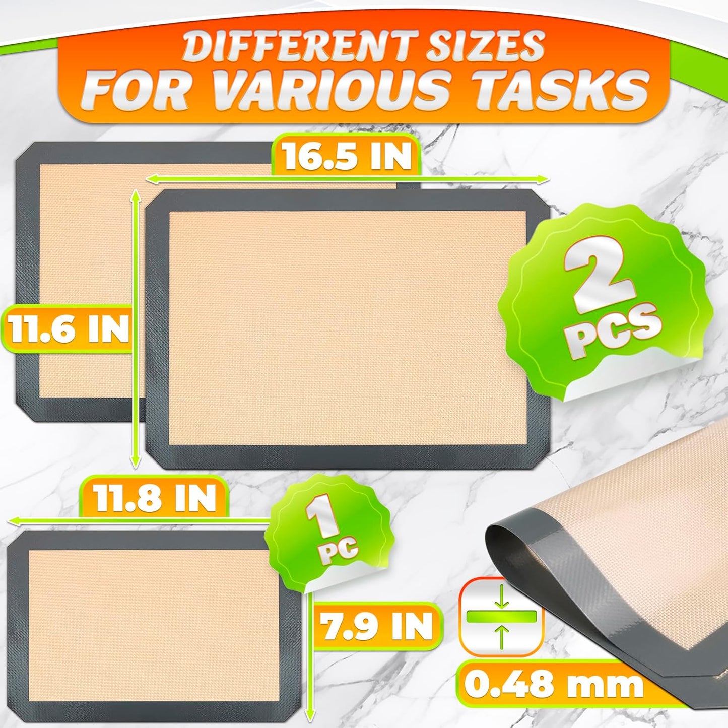 3 Pcs Silicone Baking Mat - Non-Stick Silicone Baking Mats Cookie Sheet with Reinforced Edges, Dishwasher Safe, Heat-Resistant - Uniform Heating & Easy Baking for Macarons, Cookie Dough, Roasts, Pizza