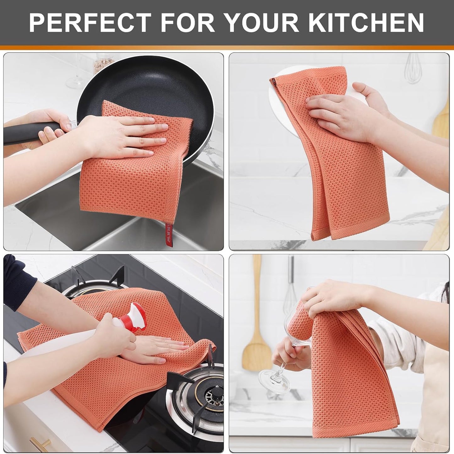 Kitinjoy 100% Cotton Waffle Weave Kitchen Towels, 6-Pack Super Soft and Absorbent Dish Towels for Drying Dishes, Kitchen Hand Towels, 13 in x 28 in, Coral