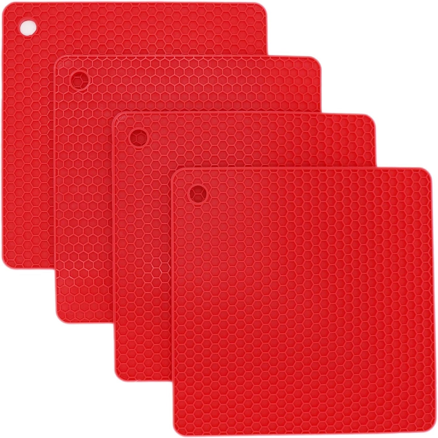 Silicone Trivets Mats, Hot Pads for Pot Holder, Square Trivets for Dishes, Pots and Pans, Multi-Purpose Kitchen Counter Pads, Non-Slip Heat Resistant Mats Set 4 Red