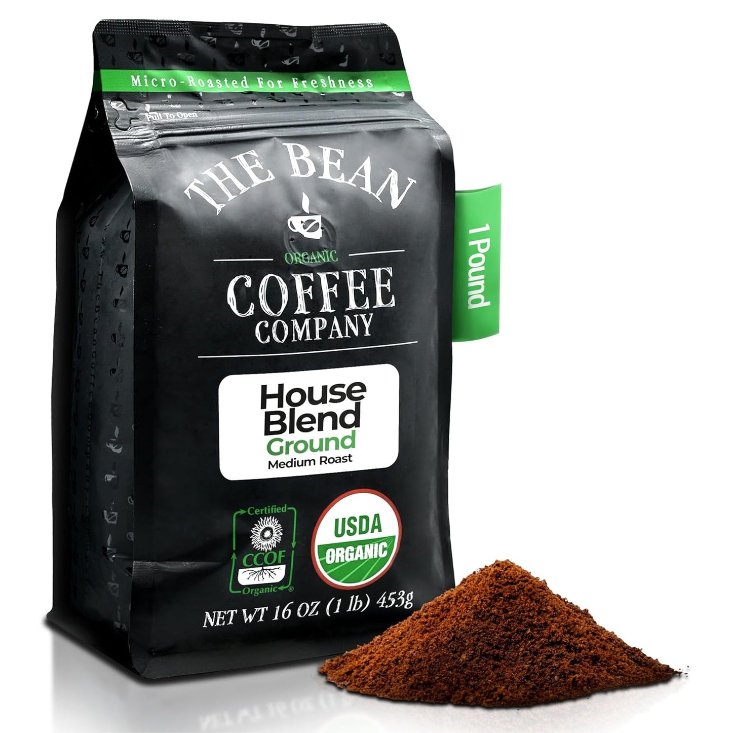 The Bean Organic Coffee Company House Blend, Medium Roast, Ground Coffee, 16-Ounce Bag, Café molido tostado orgánico