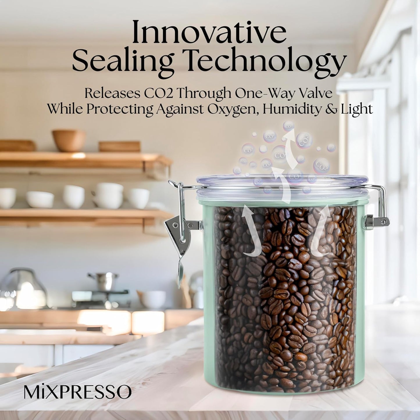 Mixpresso Green Coffee Canister, 16oz Airtight Stainless Steel Kitchen Food Storage Container with Clear Lid and Spoon. for Grounds Coffee, Beans, Tea, Flour, Cereal, Vacuum Sealed Sugar Container