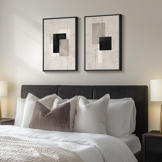 Framed Neutral Abstract Wall Art Set of 2, Minimalist Block Lines Pictures - Image 2