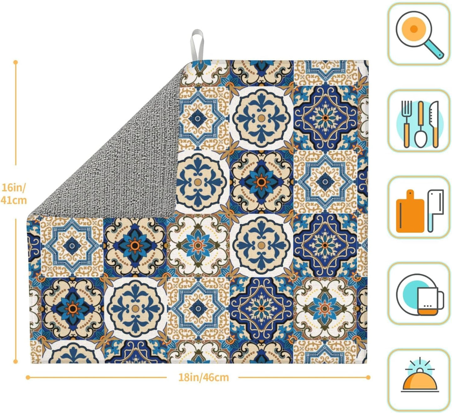 Colorful Moroccan Dish Drying Mat, Highly Absorbent Microfiber Kitchen Counter Pad Reusable Washable, 16*18"