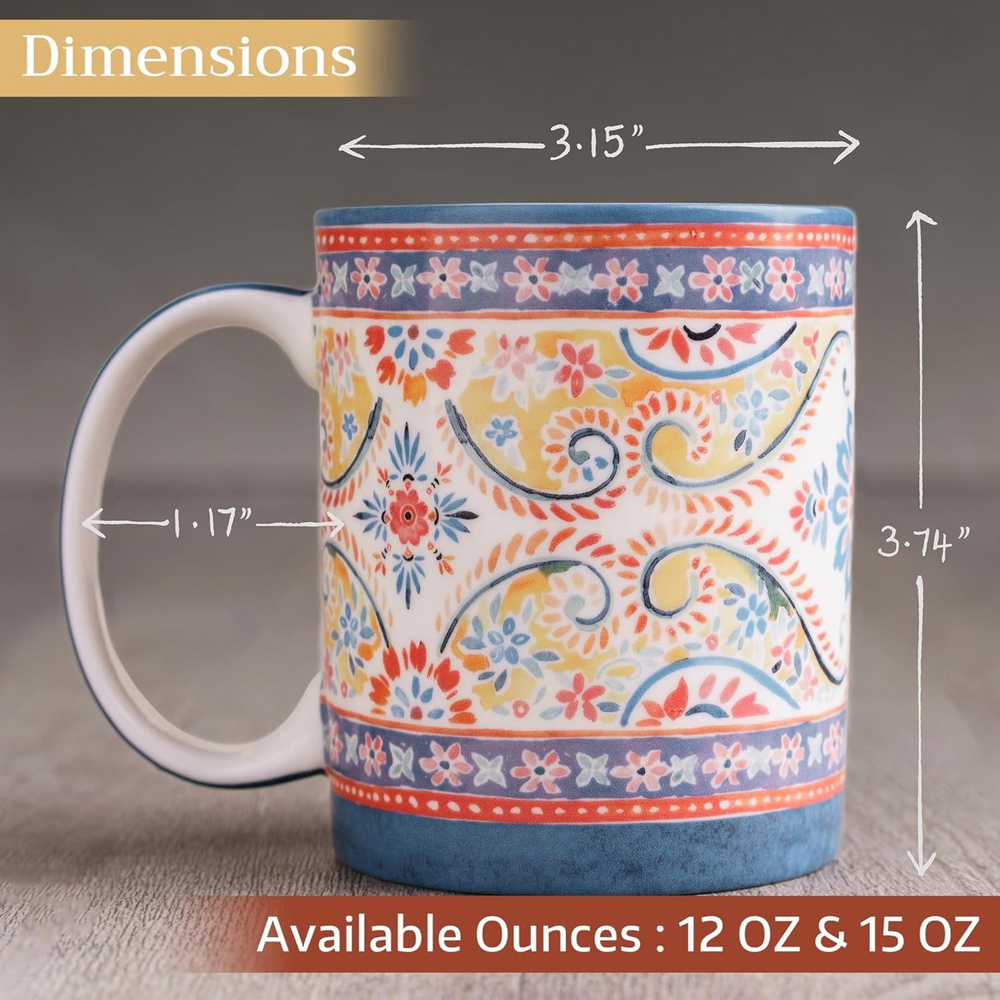 Maison d' Hermine Coffee Mug with Handles Fine Bone China Mugs Pack of Two Tea Cups for Hot Beverages Cappuccino Latte Home Restaurant Office Perfect for Gift (Indian Floral, 12 Ounce)