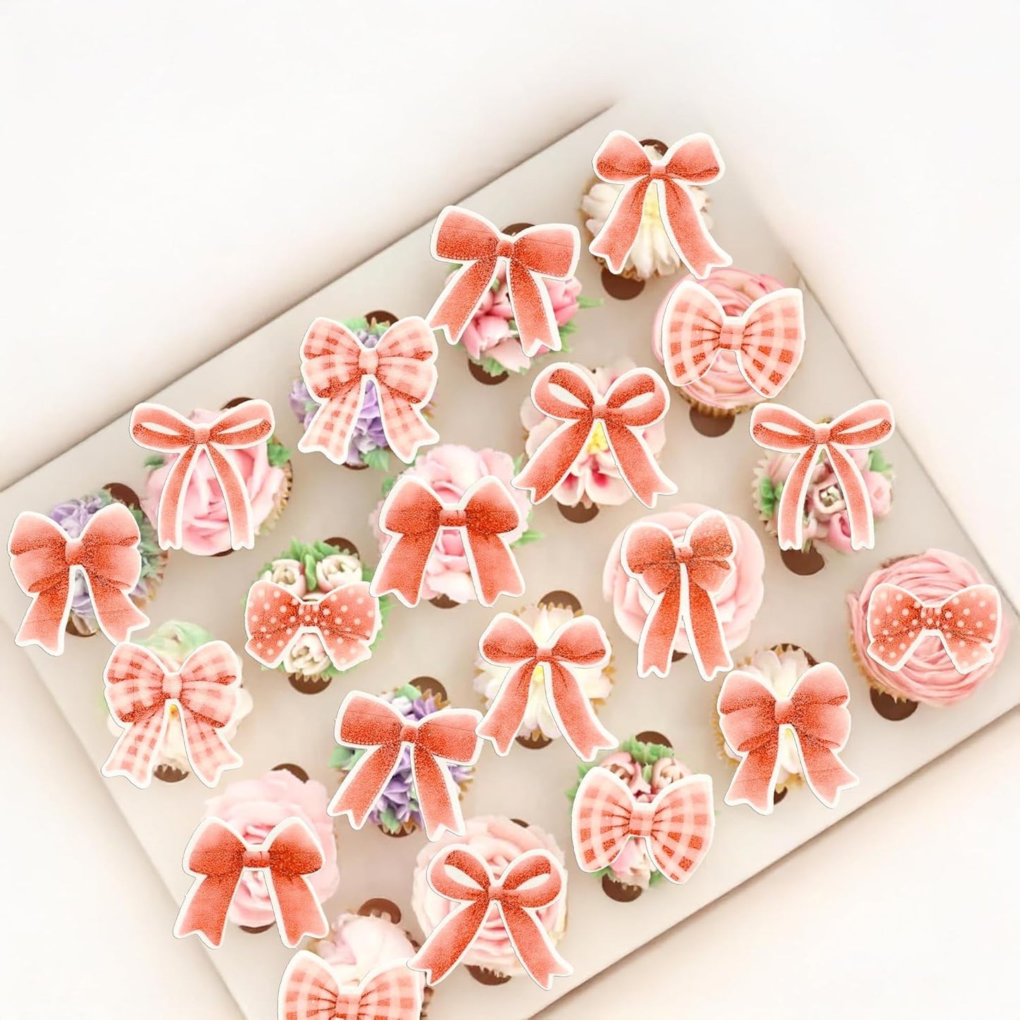 Gyufise 50Pcs Edible Red Bowknot Cupcake Toppers Wafer Paper Bowknot Cake Dessert Picks Baby Shower Princess Cupcake Toppers for Birthday Party Decoration Supplies