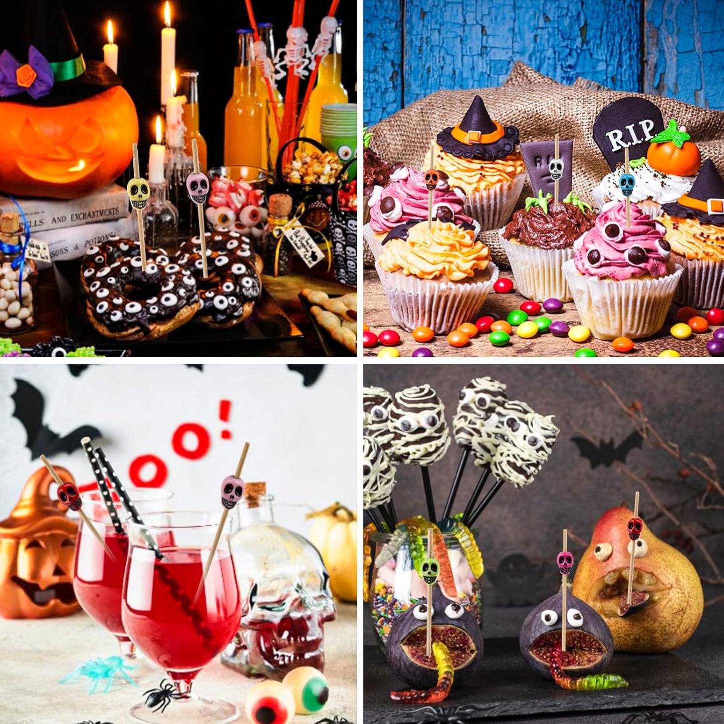 LOMIMOS 150pcs Halloween Skeleton Drink Topper, Colorful Cocktail Stick with Wood Toothpick for Cupcake Pool Party Ice Cream Fruit (4.7in)
