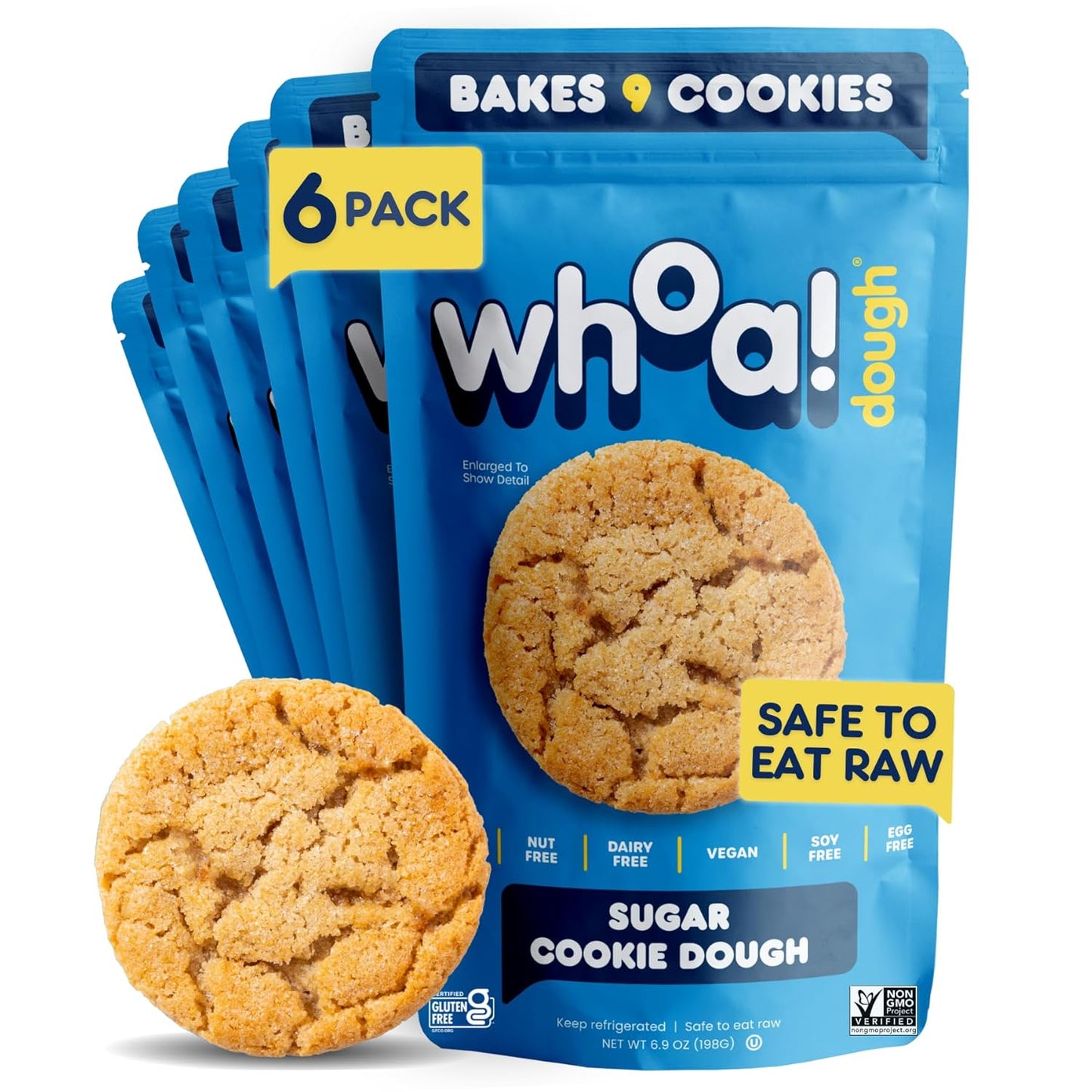 Whoa Dough Ready to Bake Cookie Dough Sugar Cookie – Certified Non-GMO, Kosher, Gluten Free – Plant-Based Snack Dough Made with Real Ingredients – 6 Pack