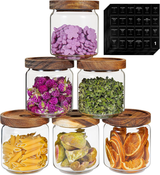 Small Glass Jars with Labels Spice Jar Round Storage Canister with Wooden Lid Clear Glass Food Jar for Pantry Sugar Tea Coffee Bean Spice Nuts Cookies Bath Salts (6 * 420ml(14oz))