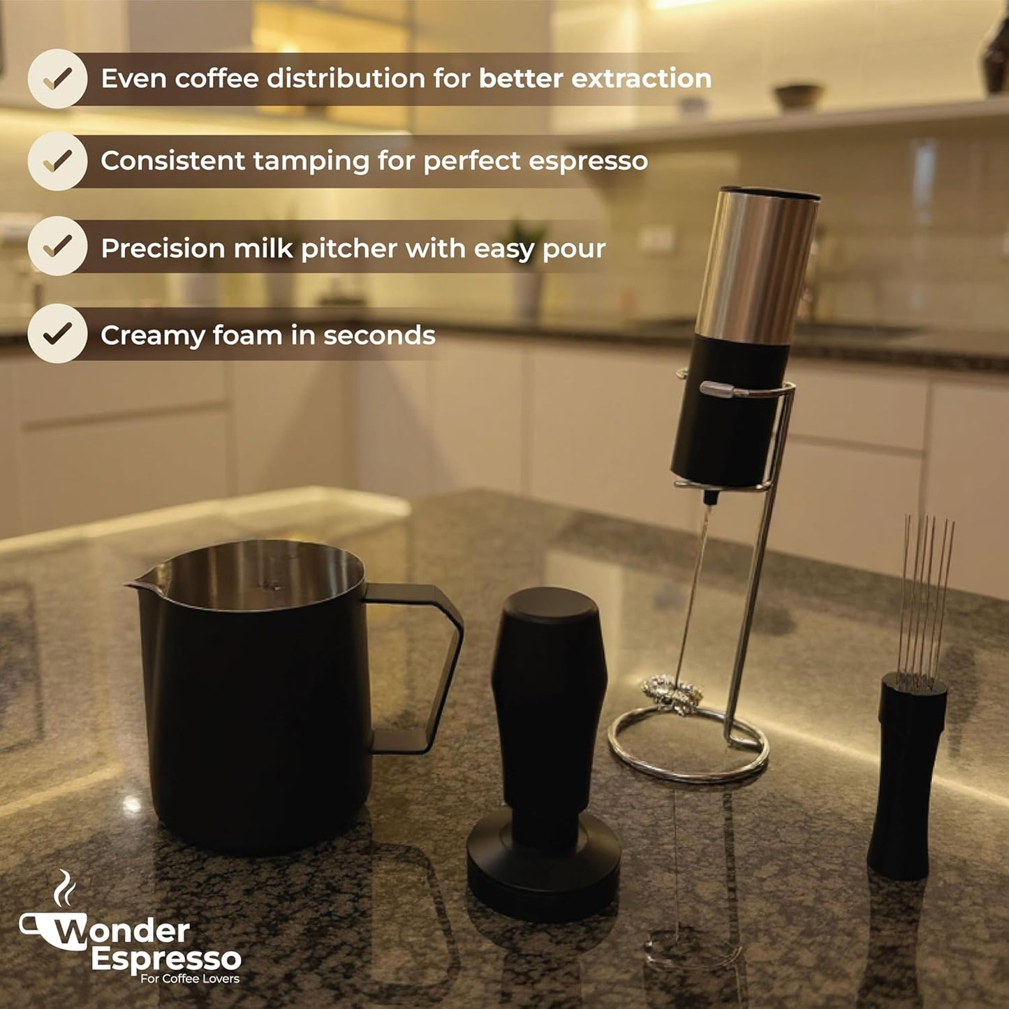 WDT Tool Espresso Magnetic, Espresso Tool Kit, Coffee Tamper 51mm, Milk Frother Handheld, Frothing Pitcher Stainless Steel, Electric Drink Mixer Wand, Barista Tools for Coffee Lovers