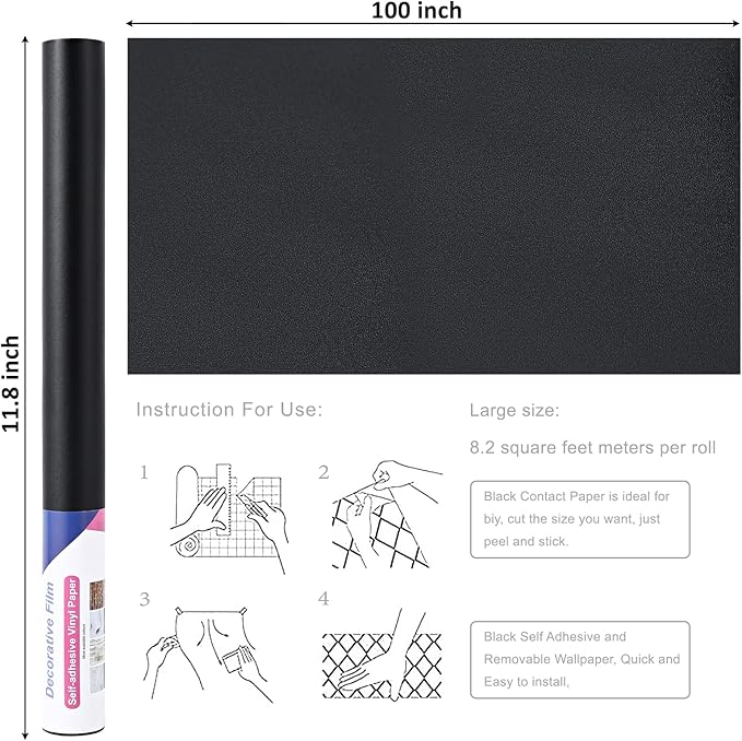 Arthome 11.8''x100'' Black Contact Paper, Self Adhesive Wallpaper Waterproof - Image 2