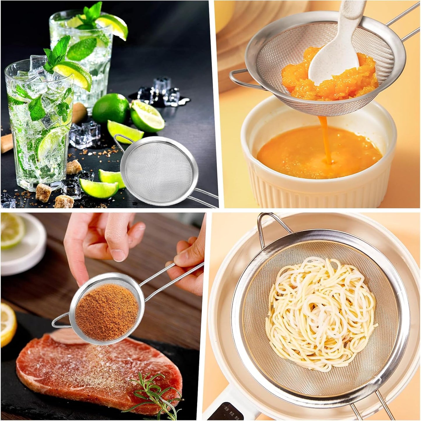 3 Pack Fine Mesh Strainer, Small Stainless Steel Sieves with Handles, for Steeping Loose Leaf Tea, Straining Cocktail, Juice and Sifting Flour, Powdered Sugar