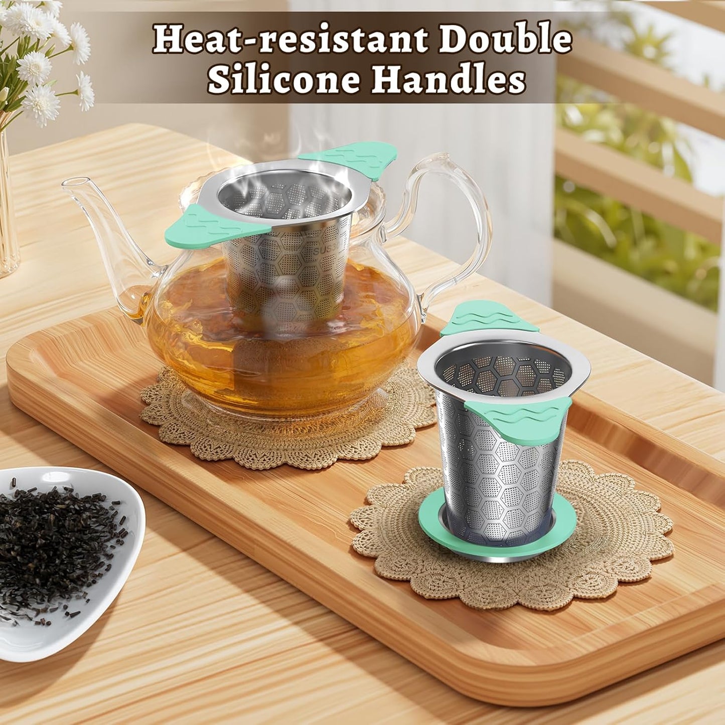 Tea Infuser for Loose Leaf Tea,18/8 Stainless Steel Tea Infuser with Heat Proof Silicone Handles,Extra Fine Mesh Tea Strainers Filter Fine Tea Leaves Effectively,Fits TeaPots/Mugs-Green