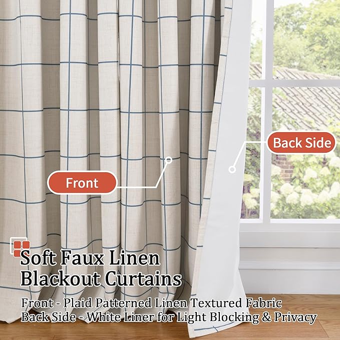 Lajode Navy Blue Plaid Linen Blackout Curtains - Image 3