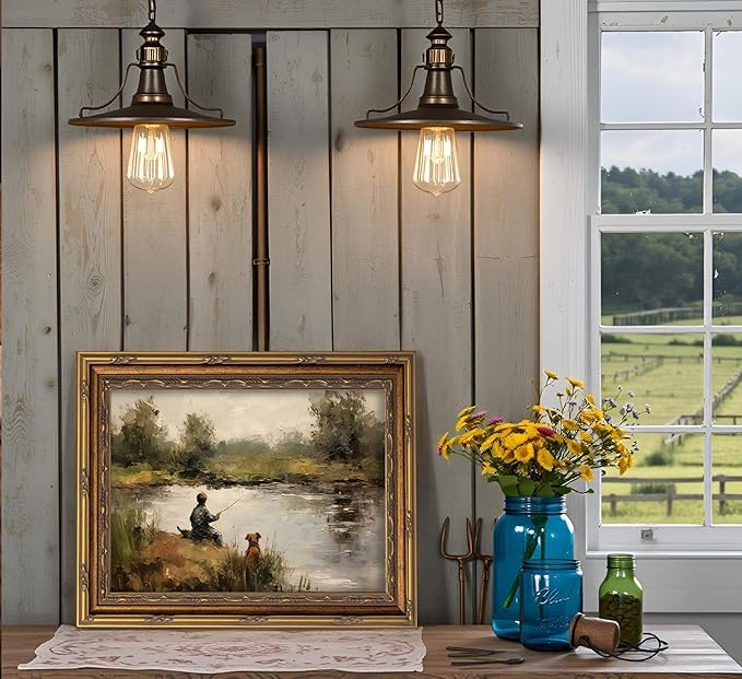 Vintage Gold Framed Wall Art Boy Fishing Country Oil Painting Canvas Prints - Image 8
